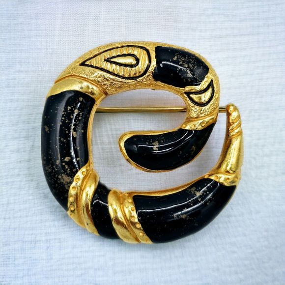 Serpent Snake Brooch Vintage Chunky Paisley Black Enamel Gold Tone Statement Pin - Picture 8 of 8